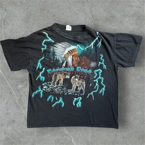 VTG American Thunder Wolf Indian Size 2XL‎ Chief Lightning Graphic T-Shirt